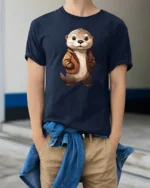 Cute Otter Wearing Jacket Graphic T Shirt Adorable Animal Style Tee - model wearing navy tee with hands in pockets