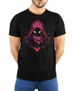 Neon Shadow Hooded Figure Graphic T Shirt Gaming Style Mystery Tee - model wearing black tee with hands behind back