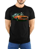 Retro Flame Muscle Car Graphic T Shirt Classic Racing Style Tee - model wearing black tee with hands behind back