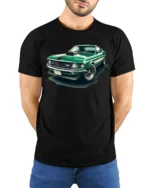 Classic Green Muscle Car Graphic T Shirt Vintage Auto Style Tee - model wearing black tee with hands behind back