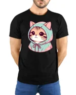 Cute Hoodie Cat Cartoon Graphic T Shirt Kawaii Style Animal Tee - model wearing black tee with hands behind back