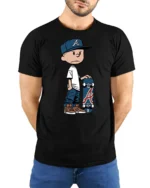 Cool Skater Kid Cartoon Graphic T Shirt Street Style Skate Tee - model wearing black tee with hands behind back