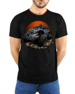 Monster Off Road Jeep Graphic T Shirt Rugged Adventure Style Tee - model wearing black tee with hands behind back