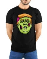 Cartoon Zombie Politician Graphic T Shirt Funny Spooky Style Tee - model wearing black tee with hands behind back
