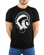 Minimalist Headphones Graphic T Shirt Music Lover Style Tee - model wearing black tee with hands behind back