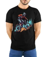 Mountain Bike Rider Graphic T Shirt Outdoor Adventure Style Tee - model wearing black tee with hands behind back