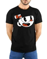 Cute Cup Face Illustration T Shirt Vintage Cartoon Style Tee - model wearing black tee with hands behind back