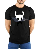 Cute Ghost Knight Cartoon Graphic T Shirt Fantasy Gamer Style Tee - model wearing black tee with hands behind back