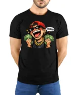 Funny Rich Guy Cartoon Graphic T Shirt Money Humor Style Tee - model wearing black tee with hands behind back