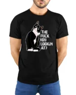 Funny Attitude Cat Graphic T Shirt Sarcastic Humor Style Tee - model wearing black tee with hands behind back