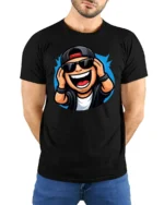 Funny DJ Cartoon Character Graphic T Shirt Music Party Style Tee - model wearing black tee with hands behind back