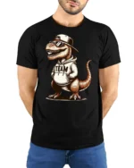 Cool T Rex In Hoodie Graphic T Shirt Funny Dinosaur Style Tee - model wearing black tee with hands behind back