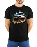 Off Road Life Adventure Graphic T Shirt Rugged Outdoor Style Tee - model wearing black tee with hands behind back