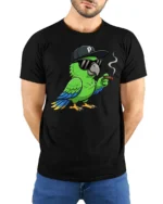 Cool Parrot With Sunglasses Graphic T Shirt Funny Chill Style Tee - model wearing black tee with hands behind back