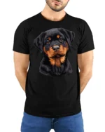 Cute Rottweiler Puppy Graphic T Shirt Adorable Dog Lover Tee - model wearing black tee with hands behind back