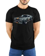 Retro Muscle Car Graphic T Shirt Vintage Racing Style Power Tee - model wearing black tee with hands behind back