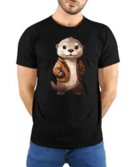 Cute Otter Wearing Jacket Graphic T Shirt Adorable Animal Style Tee - model wearing black tee with hands behind back