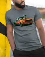 Retro Flame Muscle Car Graphic T Shirt Classic Racing Style Tee - model wearing grey tee, leaning on column