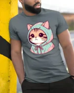 Cute Hoodie Cat Cartoon Graphic T Shirt Kawaii Style Animal Tee - model wearing grey tee, leaning on column