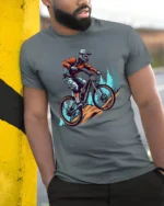Mountain Bike Rider Graphic T Shirt Outdoor Adventure Style Tee - model wearing grey tee, leaning on column