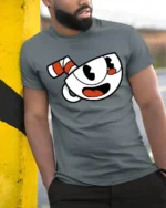 Cute Cup Face Illustration T Shirt Vintage Cartoon Style Tee - model wearing grey tee, leaning on column