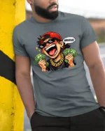 Funny Rich Guy Cartoon Graphic T Shirt Money Humor Style Tee - model wearing grey tee, leaning on column