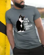 Funny Attitude Cat Graphic T Shirt Sarcastic Humor Style Tee - model wearing grey tee, leaning on column