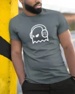 Ghost DJ Headphones Graphic T Shirt Minimal Music Style Tee - model wearing grey tee, leaning on column