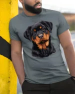 Cute Rottweiler Puppy Graphic T Shirt Adorable Dog Lover Tee - model wearing grey tee, leaning on column