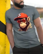 Cool Monkey With Sunglasses Graphic T Shirt Urban Street Style Tee - model wearing grey tee, leaning on column