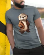 Cute Otter Wearing Jacket Graphic T Shirt Adorable Animal Style Tee - model wearing grey tee, leaning on column