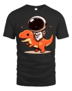 Kawaii Space Dino Astronaut Graphic T Shirt Fun Cartoon Tee - black t-shirt on white background