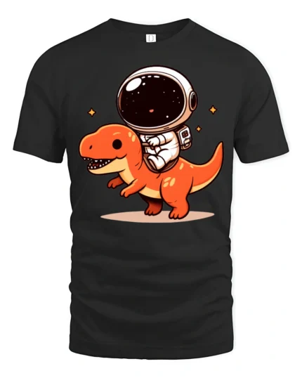 Kawaii Space Dino Astronaut Graphic T Shirt Fun Cartoon Tee - black t-shirt on white background