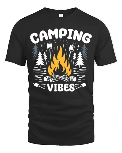 Camping Vibes Campfire Graphic T Shirt Outdoor Adventure Tee - black t-shirt on white background