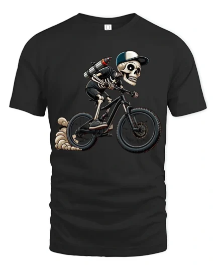 Cool Skeleton Riding Bike Graphic T Shirt Gothic Sport Style Tee - black t-shirt on white background