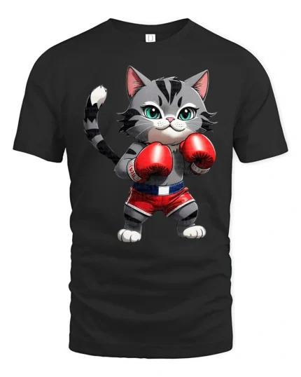 Cute Boxing Cat Graphic T Shirt Funny Fighter Style Animal Tee - black t-shirt on white background