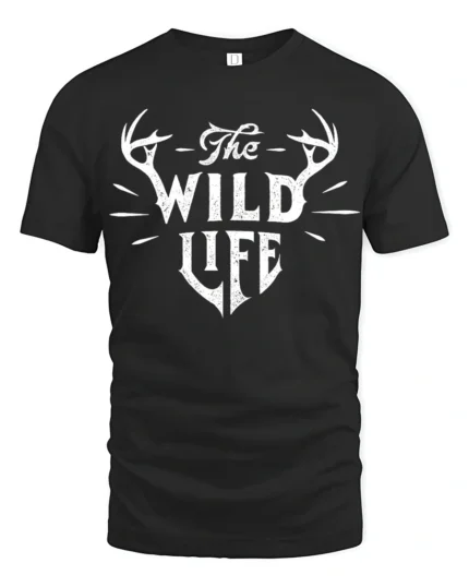 The Wild Life Deer Antlers Graphic T Shirt Rustic Nature Style Tee - black t-shirt on white background