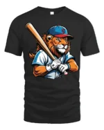 Lion Baseball Player Graphic T Shirt Cool Sports Style Tee - black t-shirt on white background