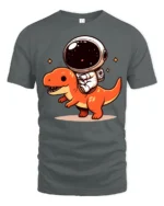 Kawaii Space Dino Astronaut Graphic T Shirt Fun Cartoon Tee - gray t-shirt on white background