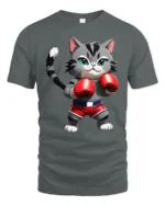 Cute Boxing Cat Graphic T Shirt Funny Fighter Style Animal Tee - gray t-shirt on white background
