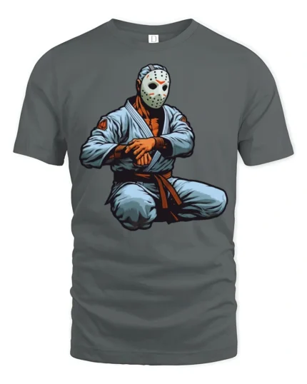 Horror Mask Martial Arts Graphic T Shirt Dark Fighter Style Tee - gray t-shirt on white background