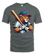 Lion Baseball Player Graphic T Shirt Cool Sports Style Tee - gray t-shirt on white background
