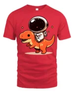 Kawaii Space Dino Astronaut Graphic T Shirt Fun Cartoon Tee - red t-shirt on white background