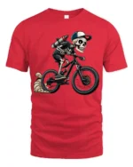 Cool Skeleton Riding Bike Graphic T Shirt Gothic Sport Style Tee - red t-shirt on white background