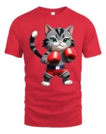 Cute Boxing Cat Graphic T Shirt Funny Fighter Style Animal Tee - red t-shirt on white background