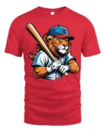 Lion Baseball Player Graphic T Shirt Cool Sports Style Tee - red t-shirt on white background