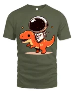 Kawaii Space Dino Astronaut Graphic T Shirt Fun Cartoon Tee - military green t-shirt on white background