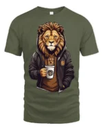 Cool Lion Coffee Graphic T Shirt Stylish Streetwear Style Tee - military green t-shirt on white background