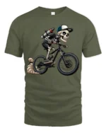 Cool Skeleton Riding Bike Graphic T Shirt Gothic Sport Style Tee - military green t-shirt on white background