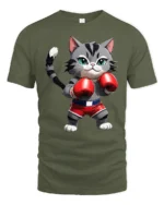 Cute Boxing Cat Graphic T Shirt Funny Fighter Style Animal Tee - military green t-shirt on white background